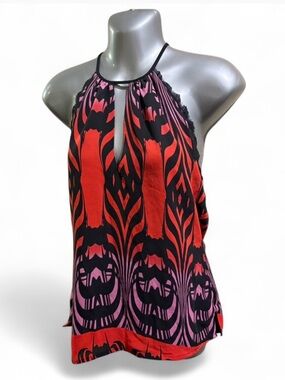 Bebe Silk Sleeveless Pink & Red Patterned Halter Top Sz S